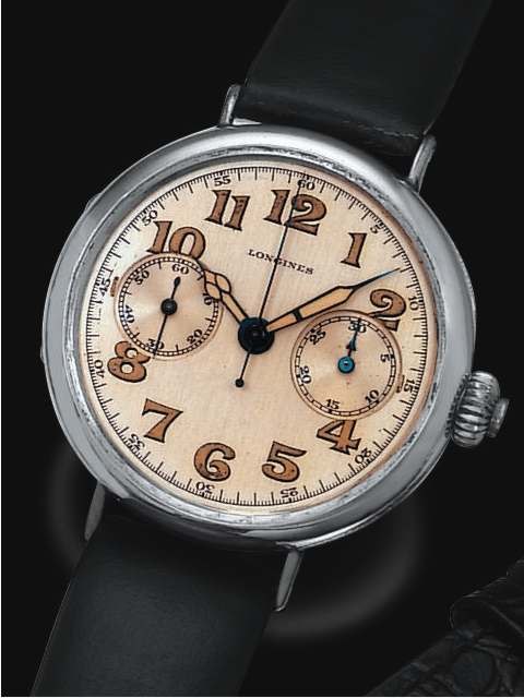 Front view of the Longines single button chronograph wristwatch in a sterling silver case.