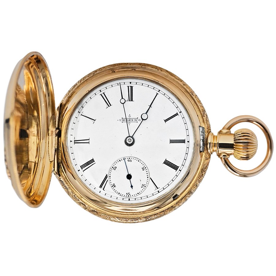 Open view of the Elgin hunter case pocket watch showing dial and front bezel