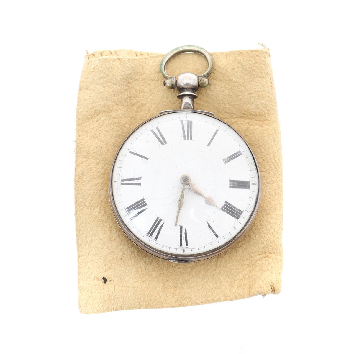 Front view of the George III silver verge fusee pocket watch by Thomas Gilbert showing the white enamel Roman dial