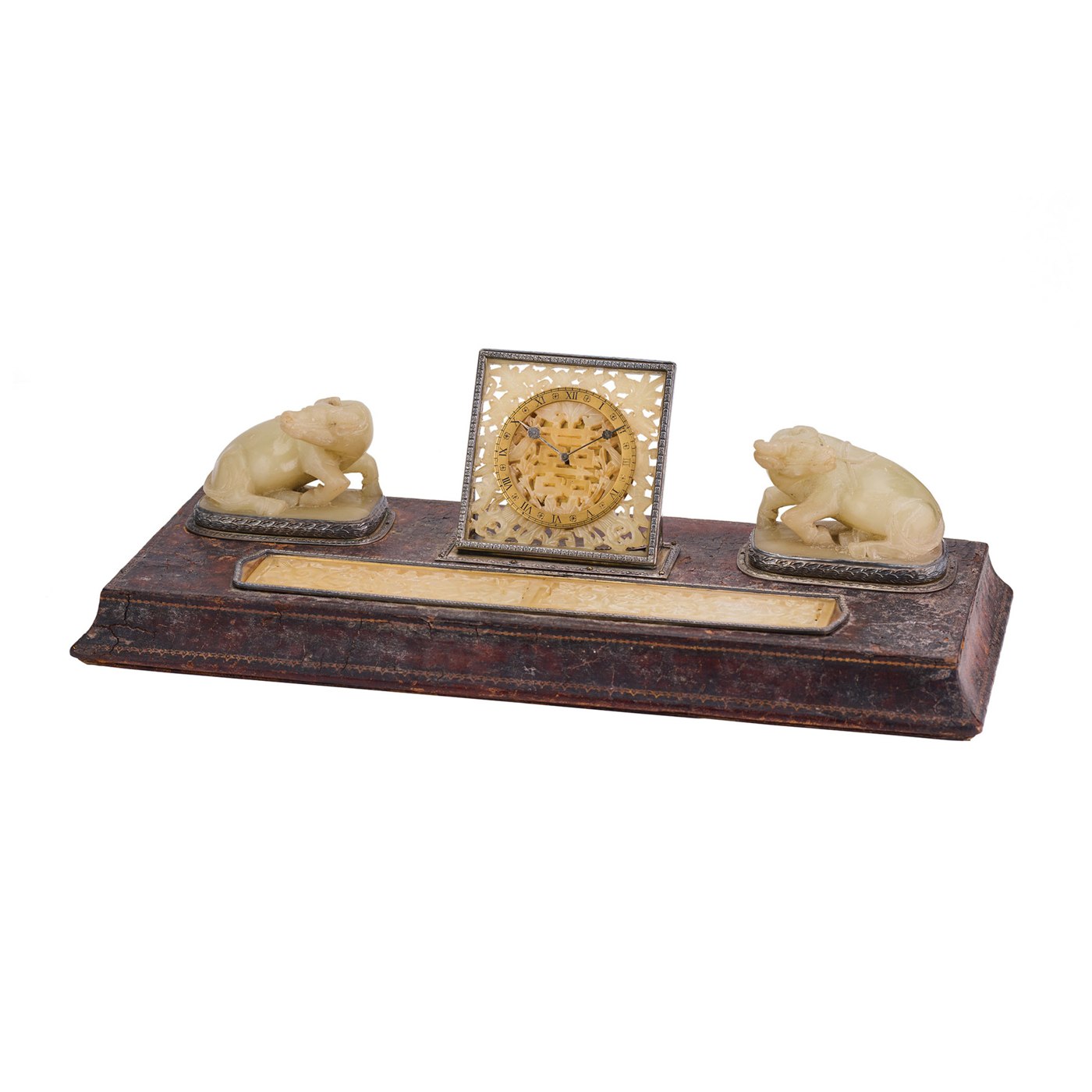 Desk clock and writing accessory set featuring carved soapstone buffalo inkwell covers and an 8-day clock with soapstone dial.
