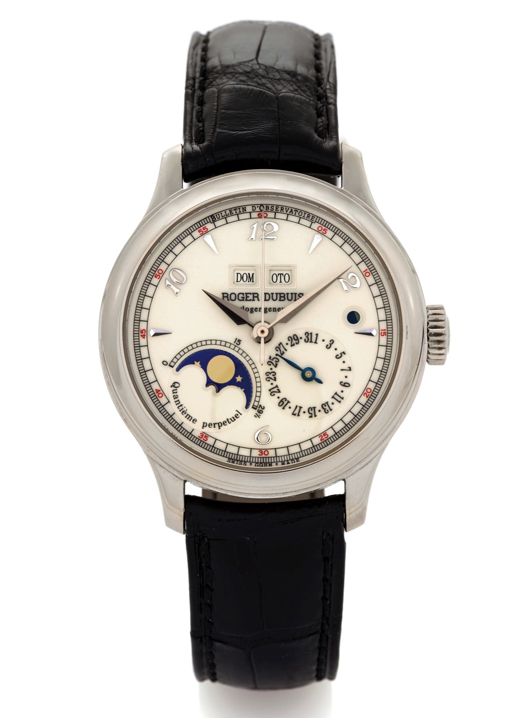 Front view of the Roger Dubuis Quantième Perpétuel reference H37 5739 showing the dial, hands, and perpetual calendar indicators.