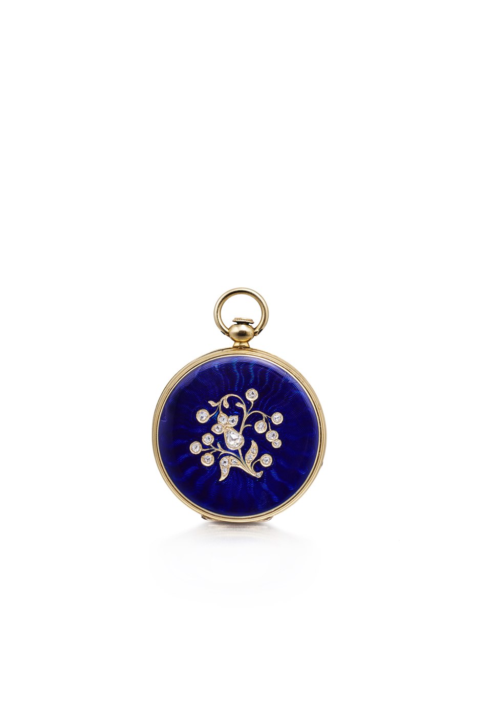 Front view of the unsigned pendant watch showing the blue enamel back and diamond-set floral motif.