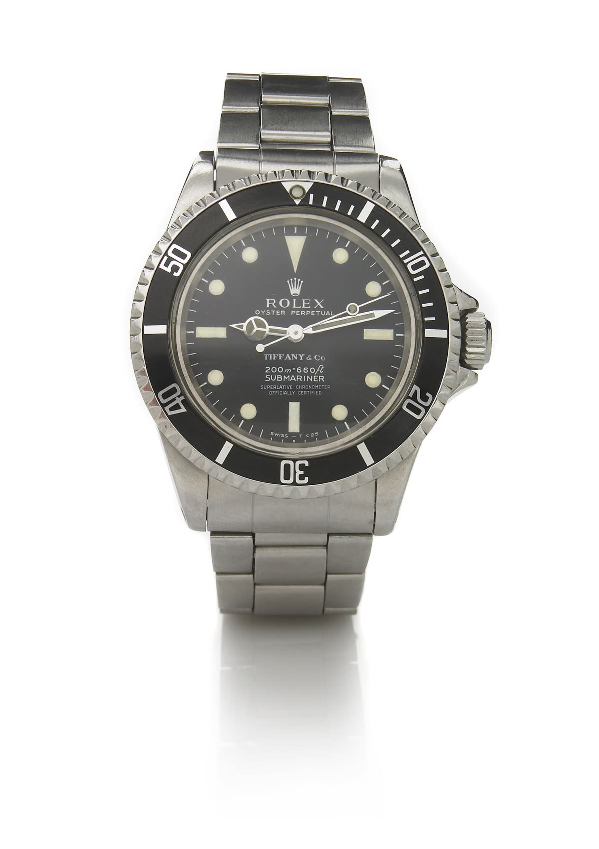 Front view of the Rolex Submariner Ref. 5512 showing dial signed Tiffany & Co. on a steel Oyster bracelet