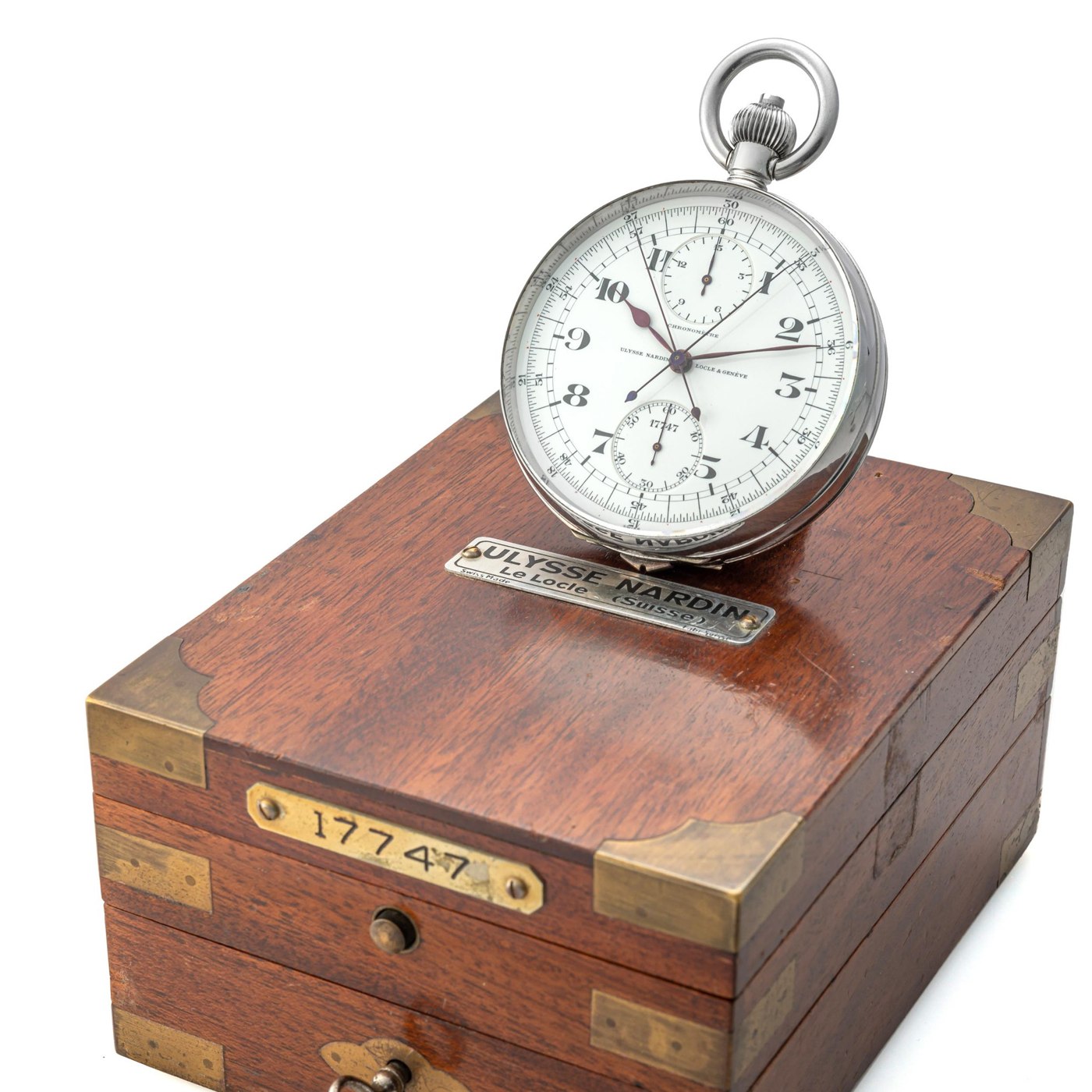 Ulysse Nardin split-seconds deck chronometer (movement no. 17747) with its mahogany deck box, circa 1940.