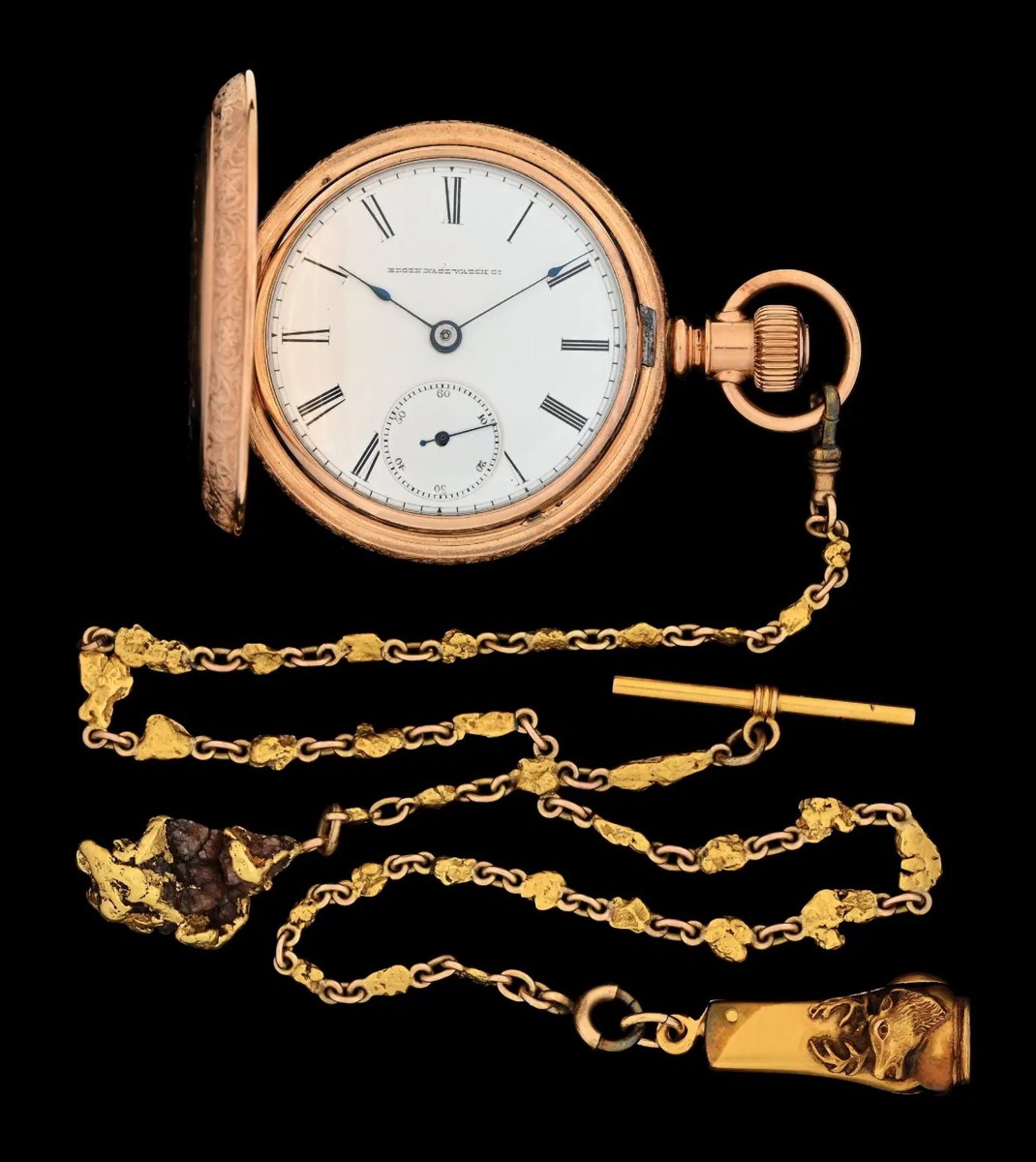 Dial and open front view of the Elgin hunting cased pocket watch attached to a gold nugget chain and fob accessories
