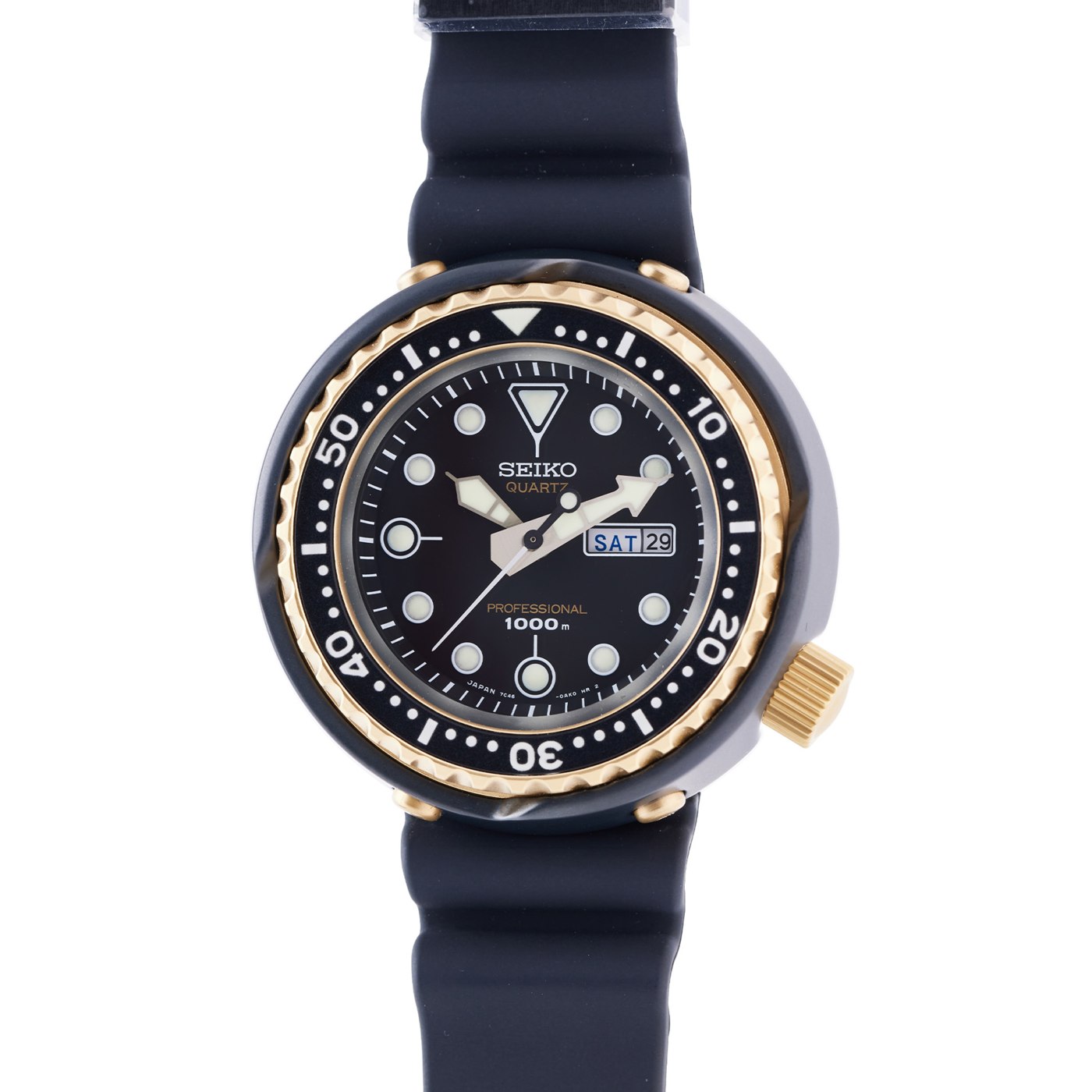 Front view of the Seiko Prospex Marine Master Ref. SBBN040 showing the black ceramic shroud and gold-plated case.