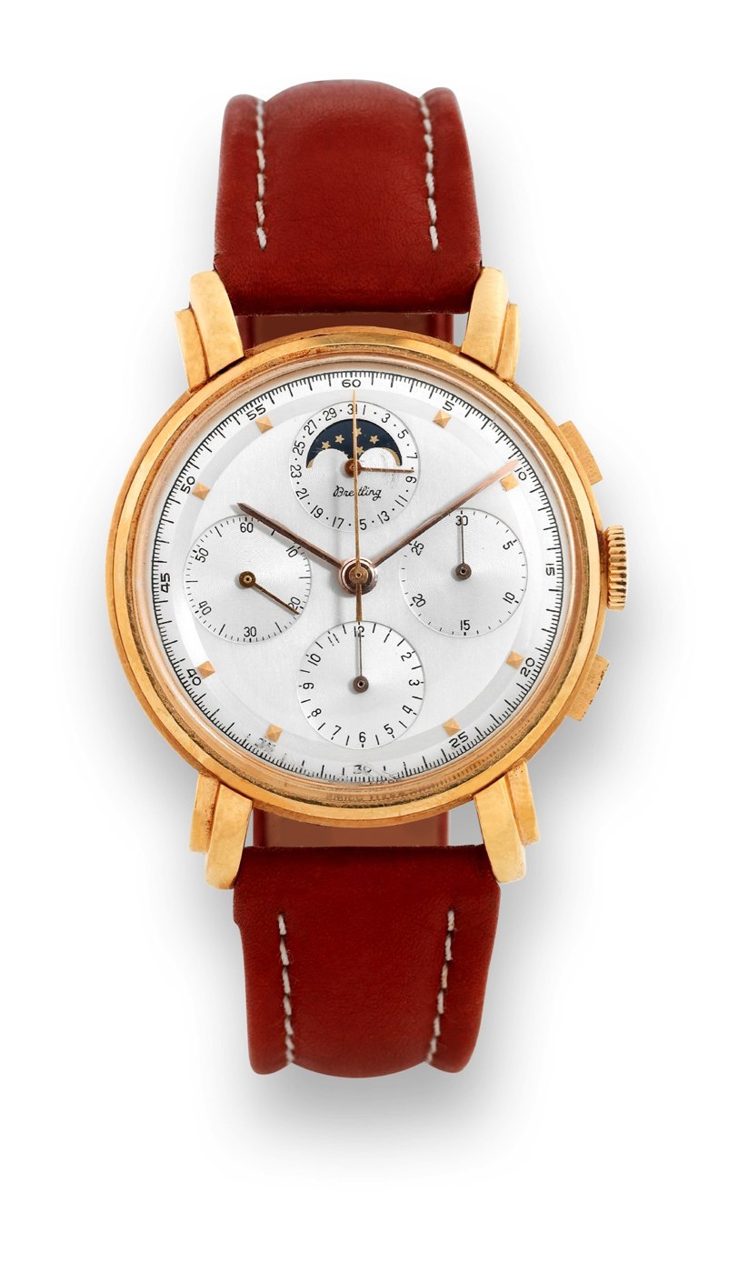 Front view of the Breitling Chronograph Moon Phases wristwatch showing the two-tone silver dial, guilloché subsidiary registers, and the moon phase aperture.