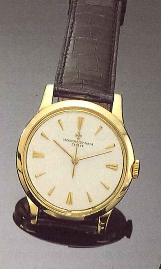 Front view of the 18ct gold Vacheron & Constantin wristwatch on a leather strap.