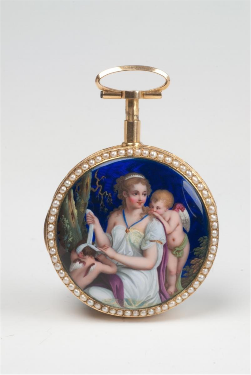 Back view showing the polychrome painted enamel mythological scene and pearl-set bezel