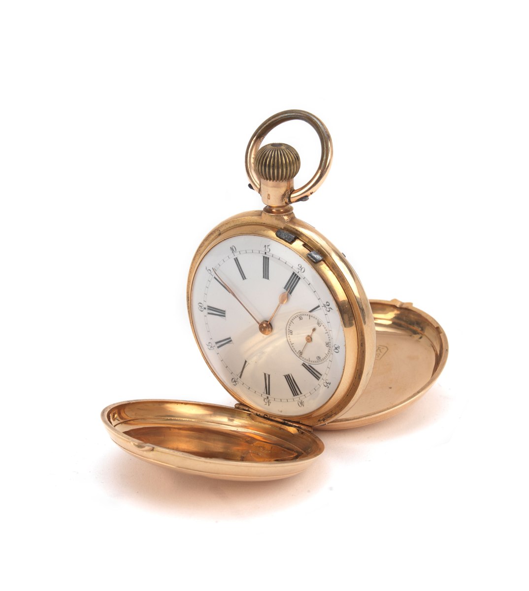 Three-quarter view of the open double hunter pocket watch showing the white enamel dial and case covers