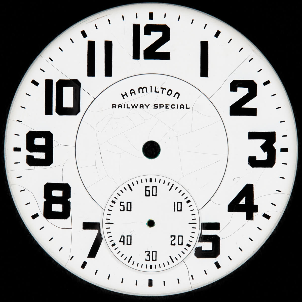 Hamilton Railway Special melamine pocket watch dial showing surface fractures, c. 1952