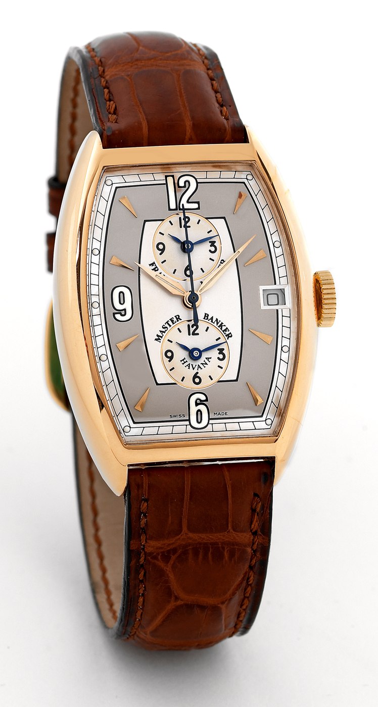 Front view of the Franck Muller Master Banker Havana in 18K pink gold.