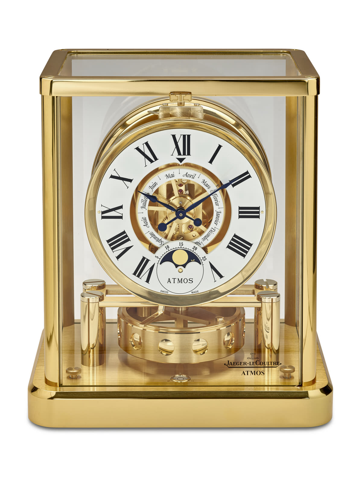 Front view of Jaeger-LeCoultre gilt brass Atmos table clock with month and moon phases