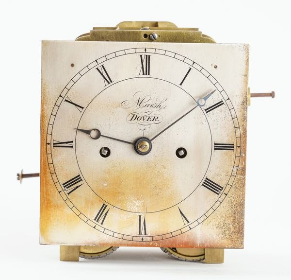 Front view of the square silvered dial signed Marsh Dover mounted to the fusee bracket movement