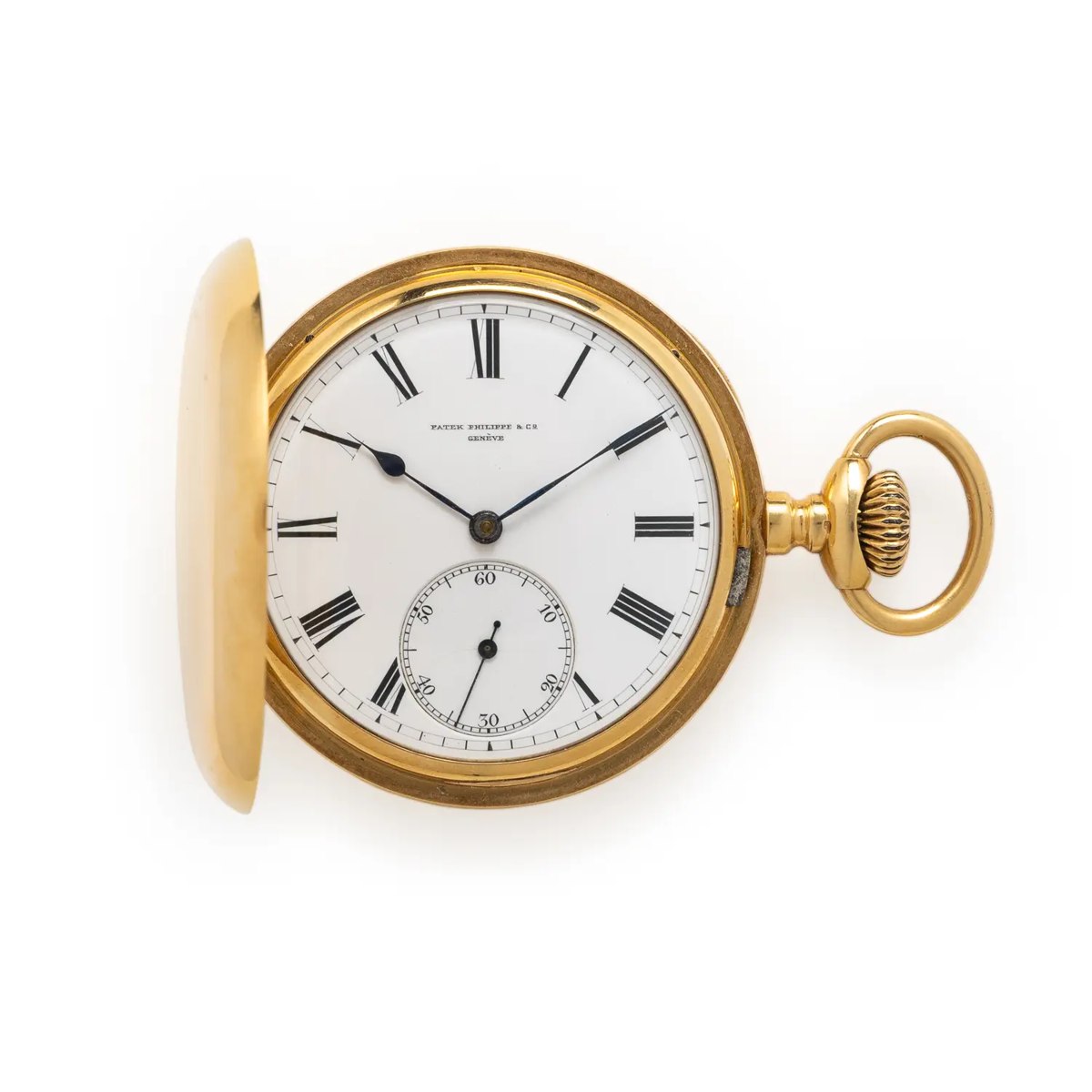 Front view of open 18K yellow gold hunter case pocket watch displaying dial, hands, and subsidiary seconds dial