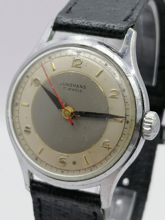 Front view of the Junghans 17 jewels wristwatch on a black strap