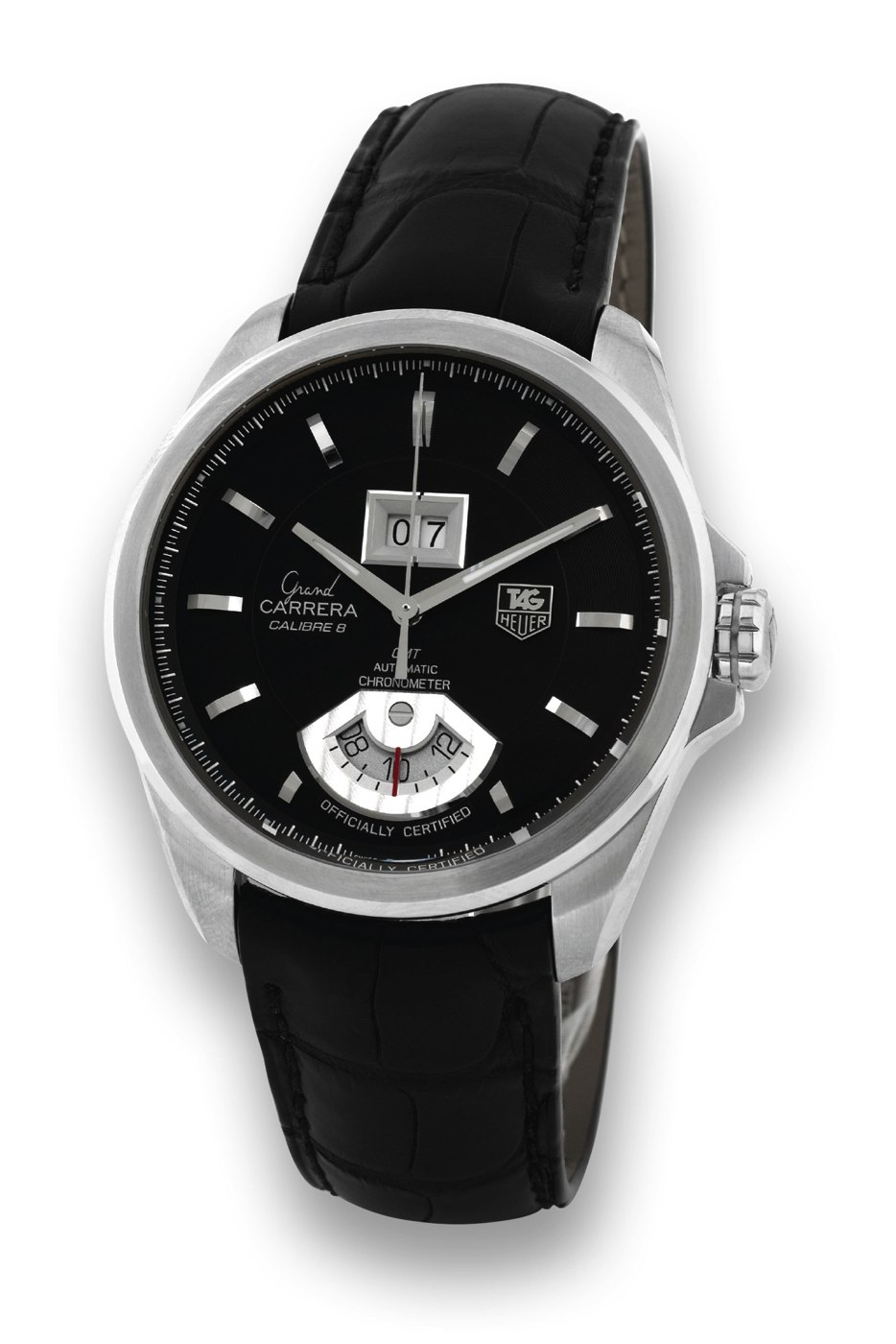 Front view of the TAG Heuer Grand Carrera GMT, showing the black dial, date aperture at 12 o'clock, and GMT disc aperture at 6 o'clock.