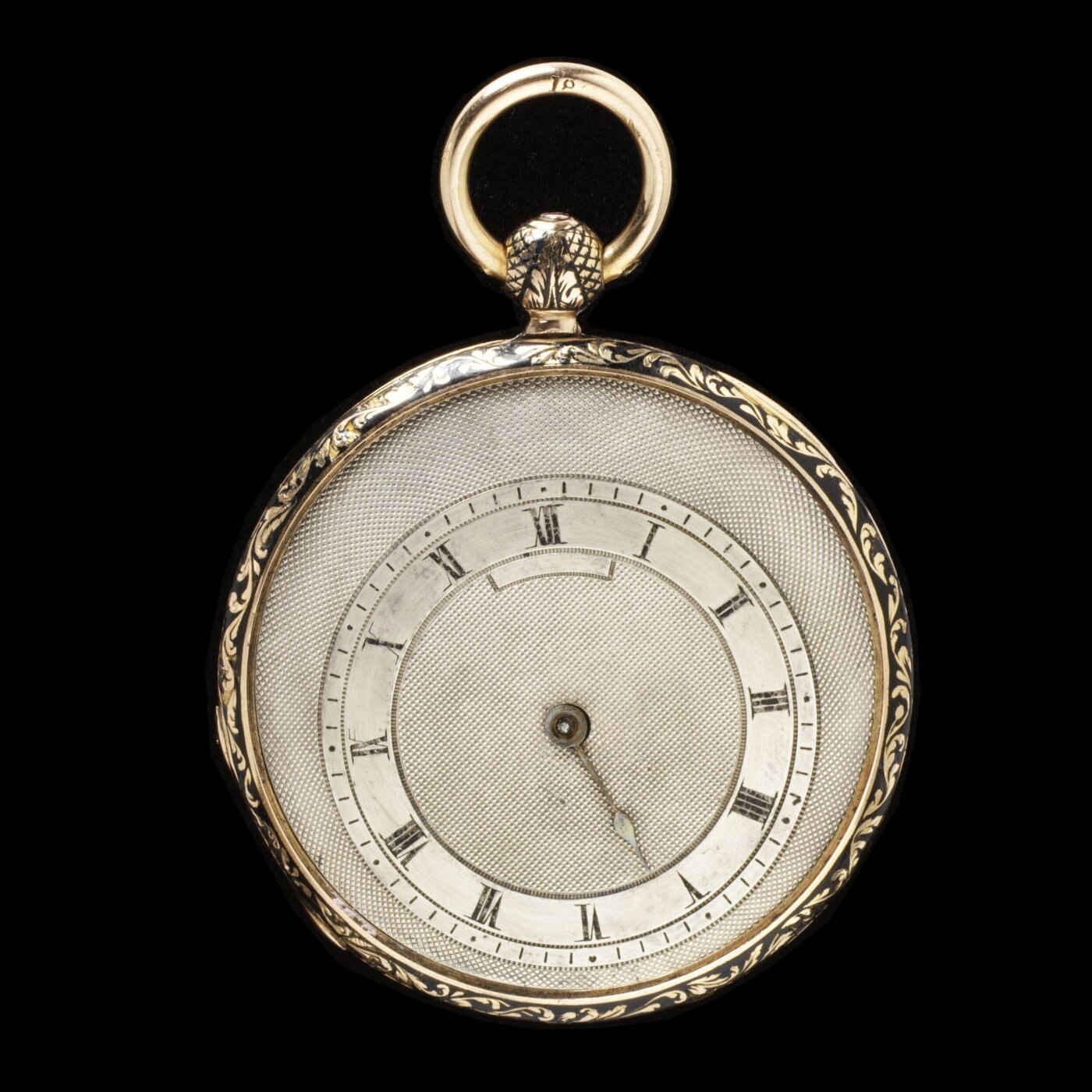 Front view of the enamelled gold pocket watch showing the dial and gold case.
