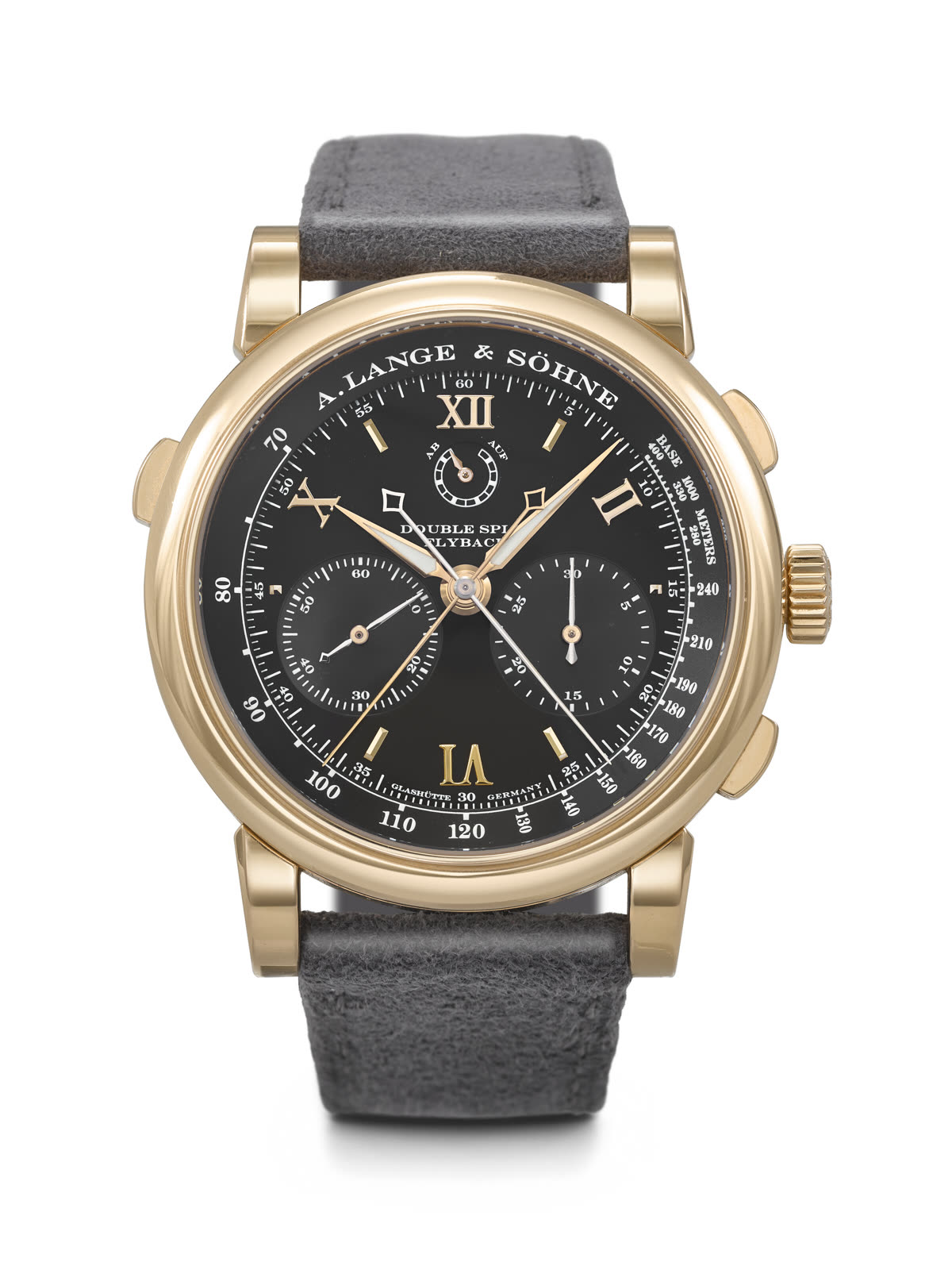 Front view of the A. Lange & Söhne Double Split Flyback Ref. 404.047F in 18k pink gold with black dial