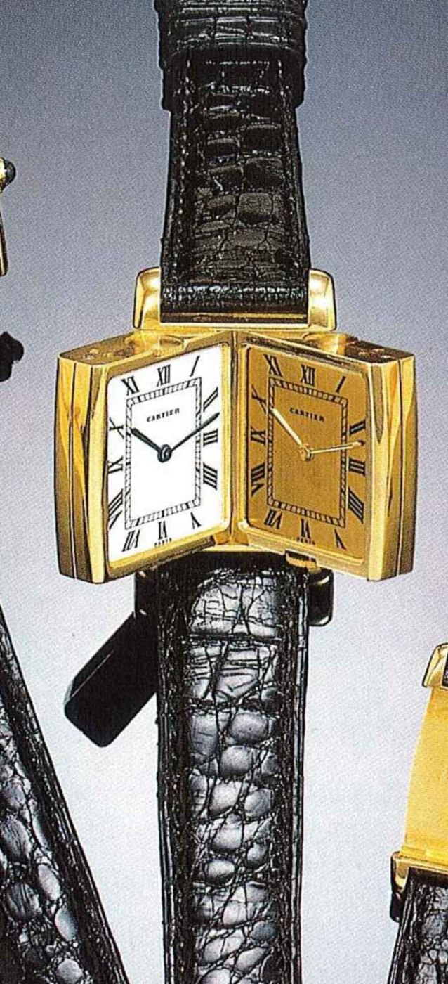 Reversible gentleman's wristwatch showing the two distinct dial faces.