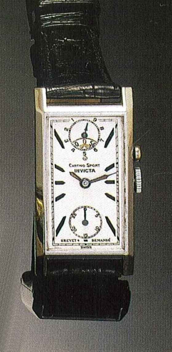 Front view of the rectangular Invicta Chrono-Sport with single-button chronograph function.