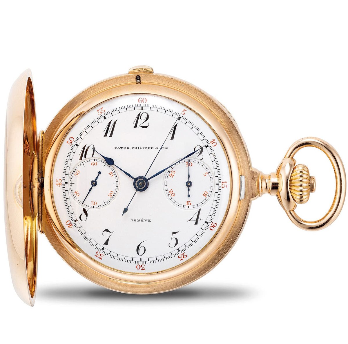 Dial view of the 18K pink gold hunter case pocket watch with the front cover open
