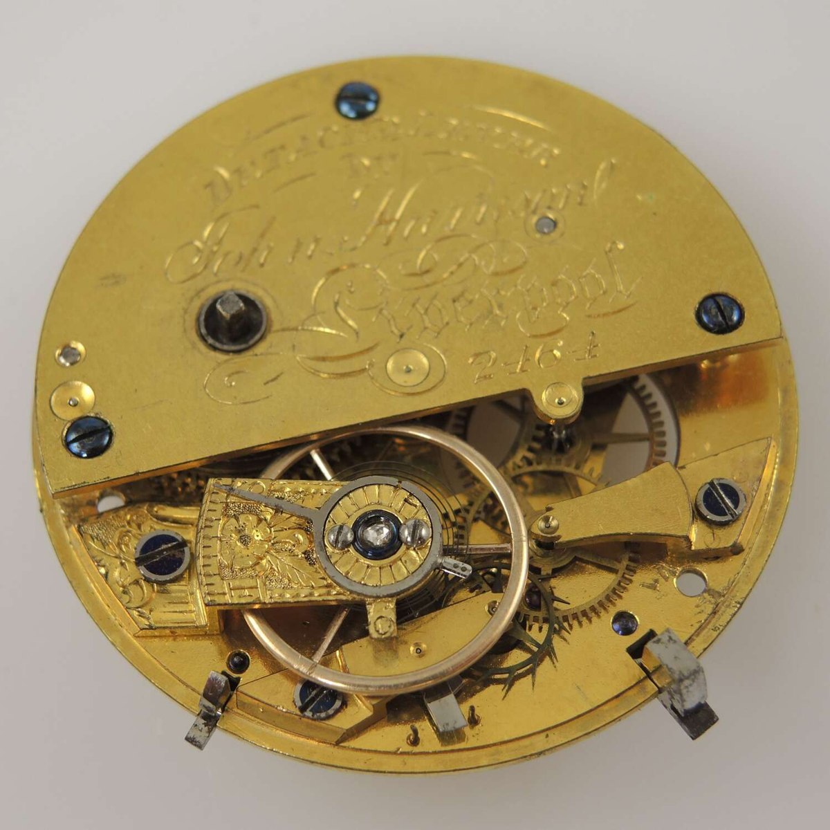 Top plate view of the gilt English fusee lever movement by John Harrison, Liverpool
