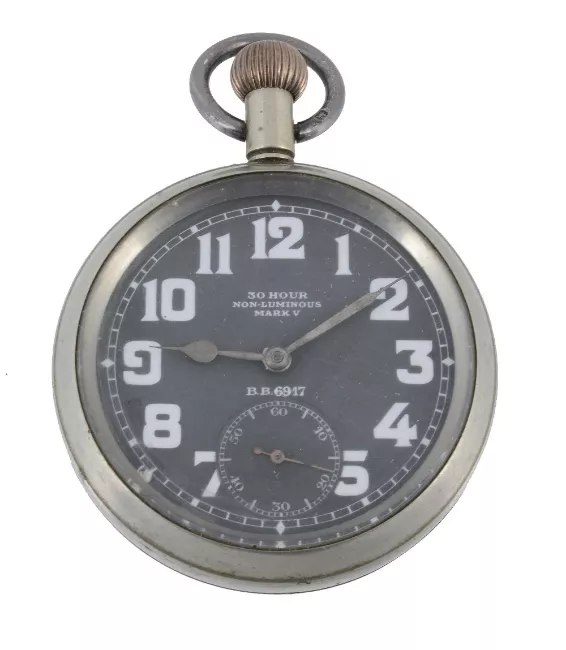 Front view of the Omega Mark V open face pocket watch showing the black dial and subsidiary seconds