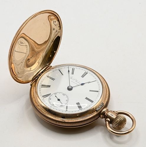 Hunter case pocket watch with open front lid showing dial and coin-edge rim
