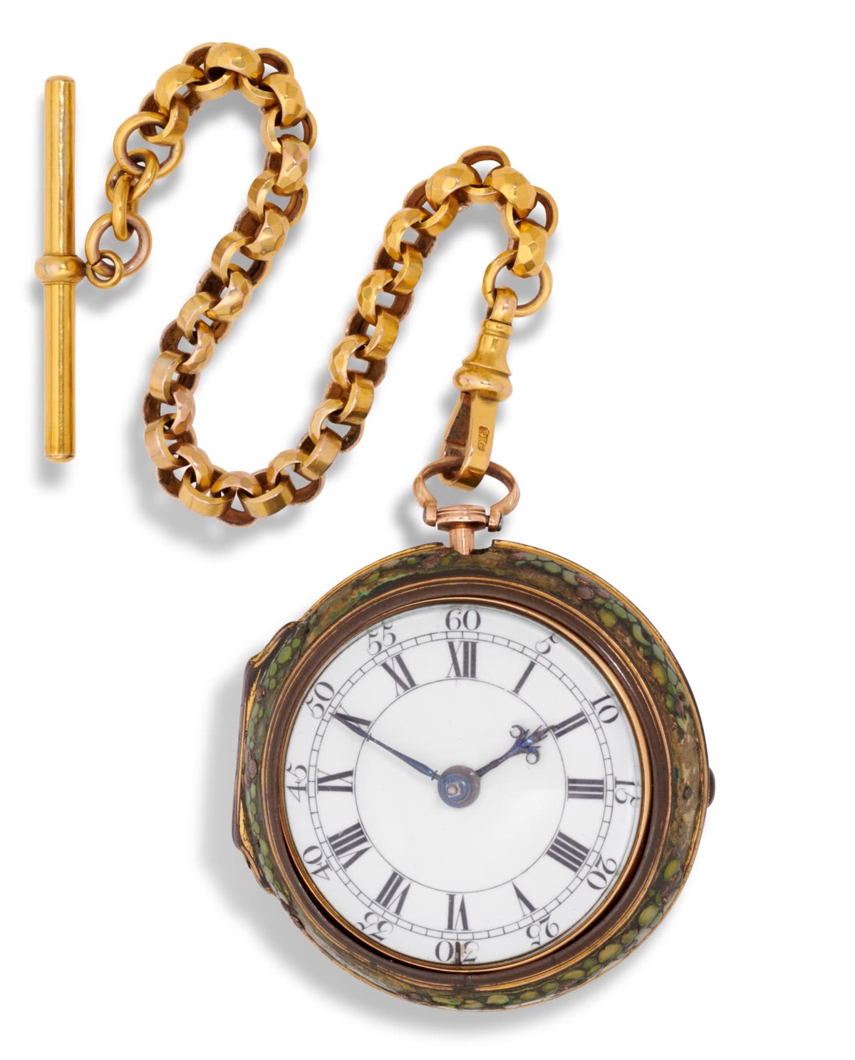Front view of the pair-cased pocket watch in shagreen outer case with attached gold chain and T-bar