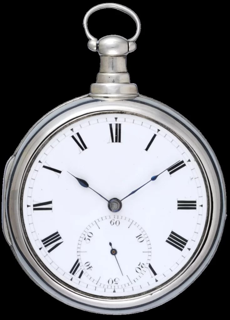 Dial view of the silver pair cased verge pocket watch showing white enamel dial and subsidiary seconds