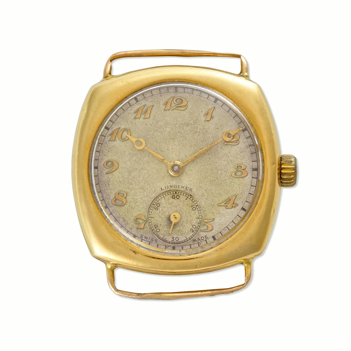 Dial and case view of the cushion-shaped Longines 18k gold manual wind wristwatch