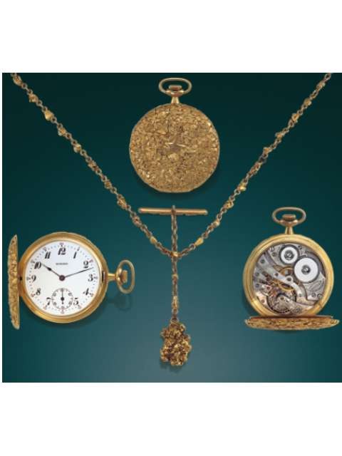 Three views of the E. Howard watch showing the dial, the movement, the outer nugget-encrusted case, and the attached nugget chain.