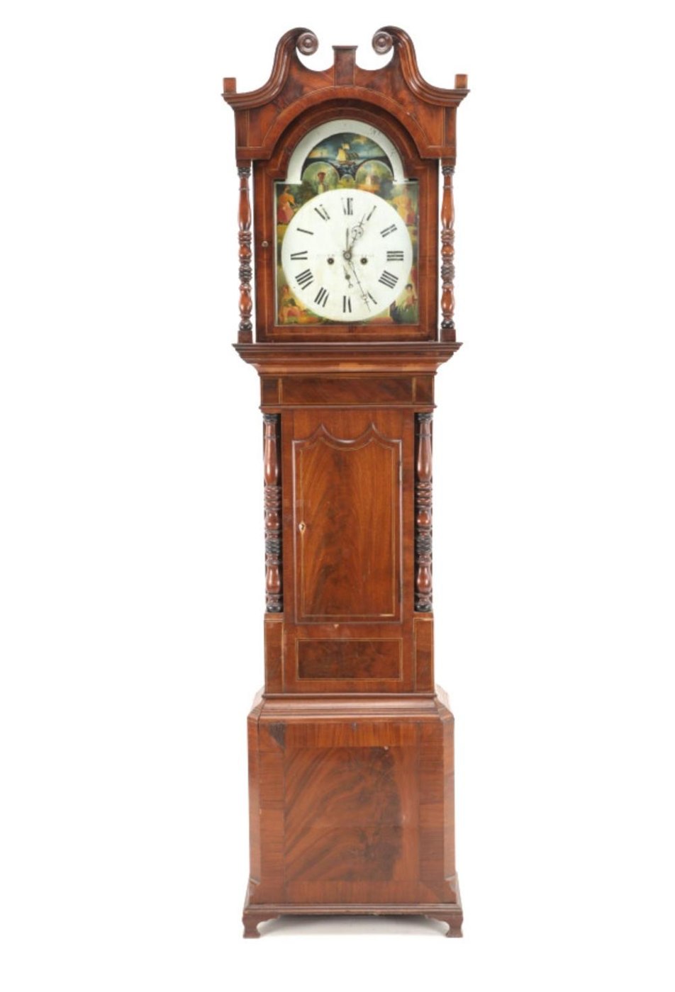 Full view of the mahogany long case clock showing the bonnet, dial, and trunk.