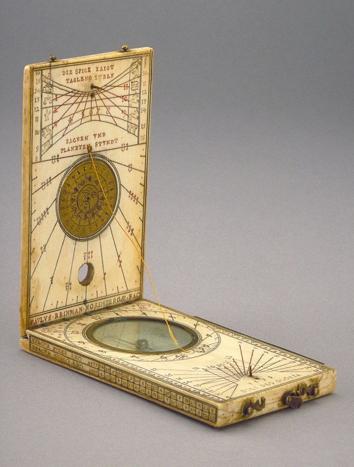 Paul Reinmann Diptych Dial, 1599, featuring internal pin gnomon dials and equatorial brass dial.