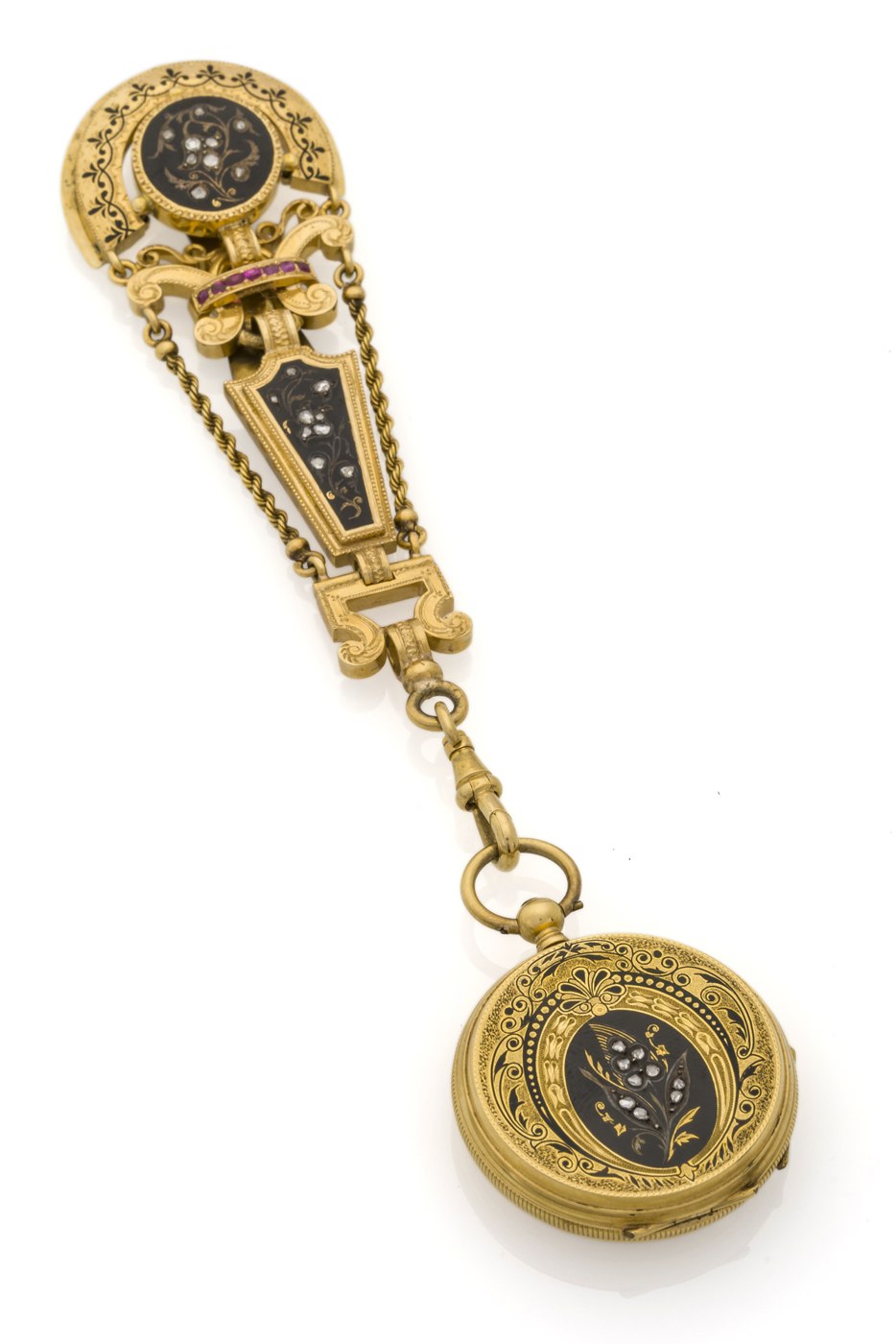 The 18K gold and enamel hunting-cased pendant watch suspended from its matching ruby and diamond-set chatelaine.