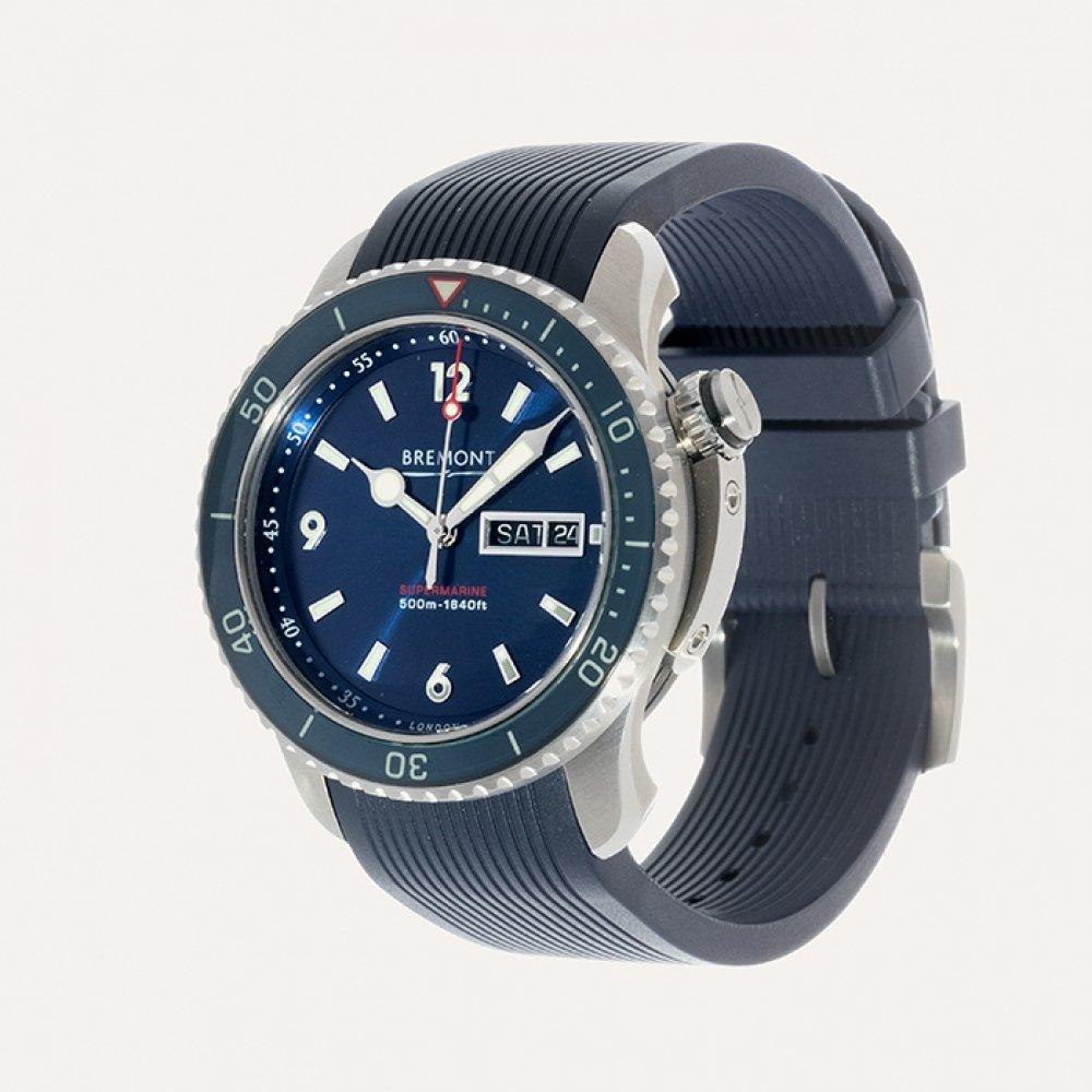 Bremont Supermarine wristwatch in steel with blue rubber strap.