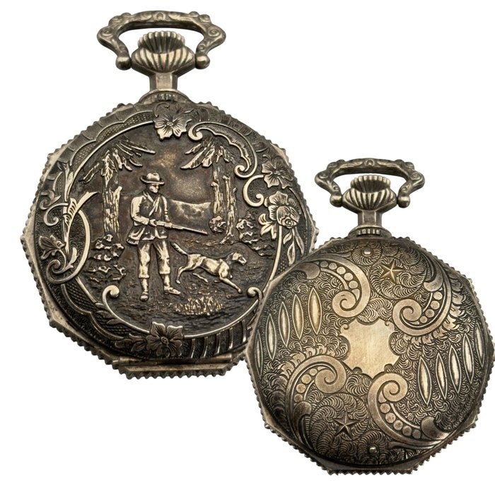 Front and reverse covers of the decorated hunter pocket watch