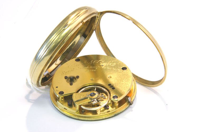 Movement and open case of the James McCabe pocket watch