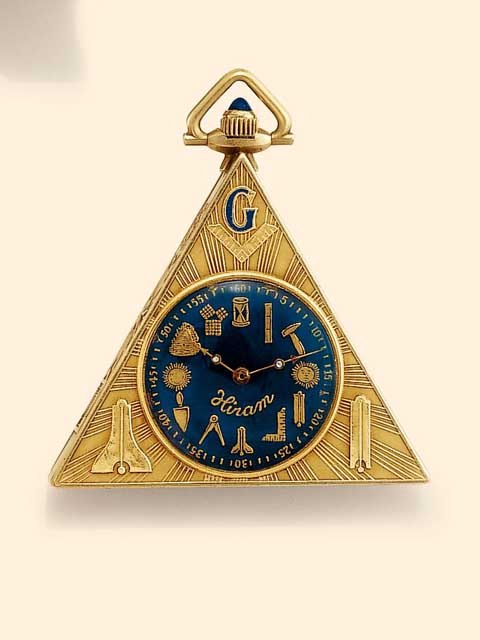 Front view of the Hiram Watch Inc. triangular 14K gold Masonic pocket watch with dark blue dial and Hiram logo.