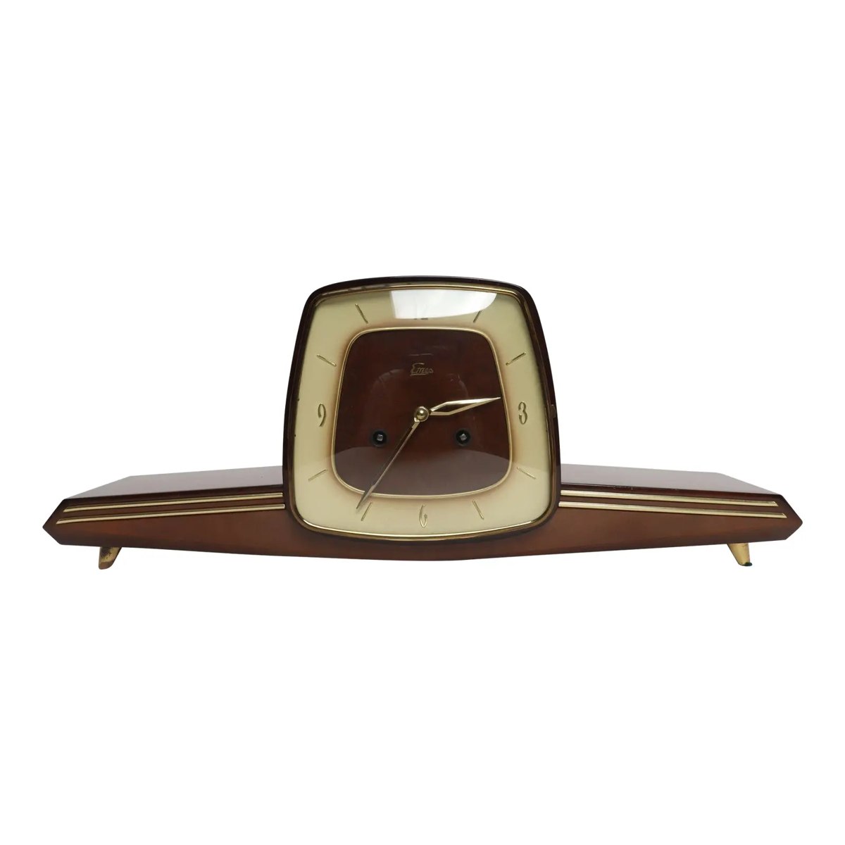 Front view of the Emes Art Deco mahogany and brass mantel clock