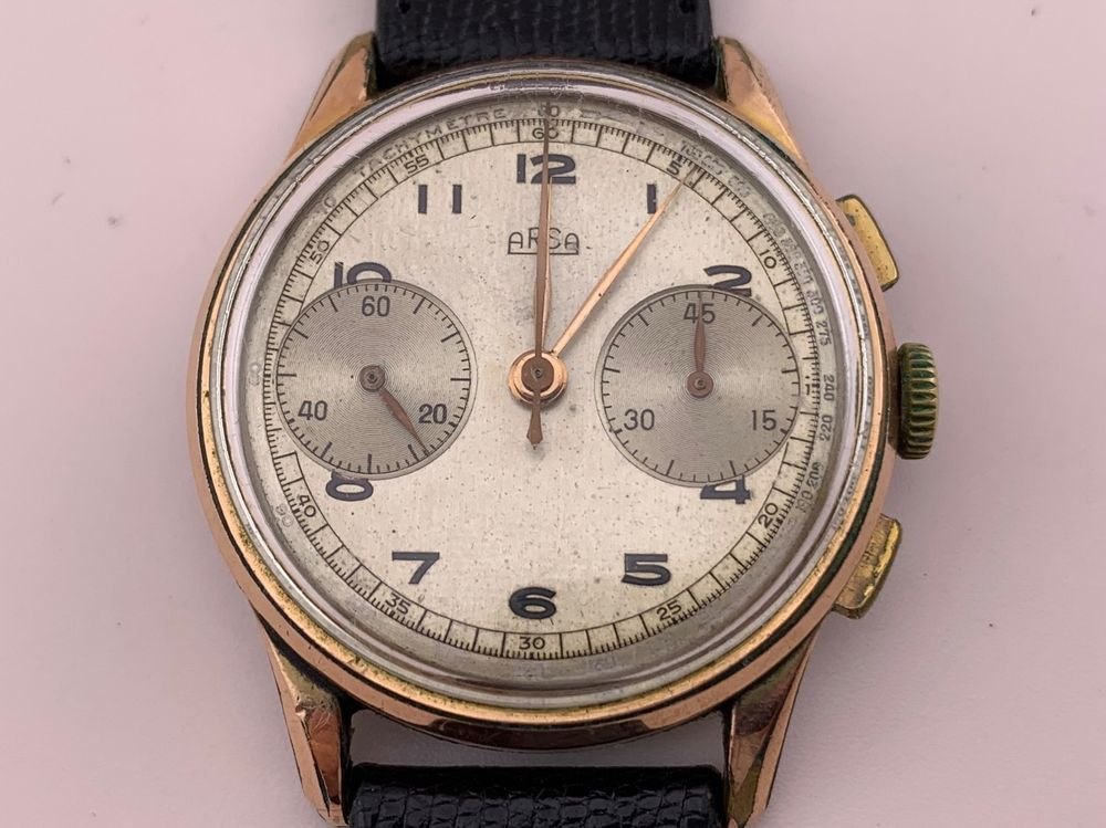 Front view of the ARSA chronograph wristwatch showing dial, pushers, and case