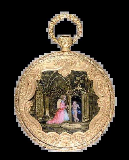 Back cover of the gold open-face pocket watch featuring a polychrome enamel chapel scene and chased border