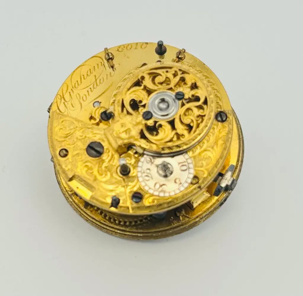 Top plate view of the gilt fusee movement signed Geo Graham London No. 6010