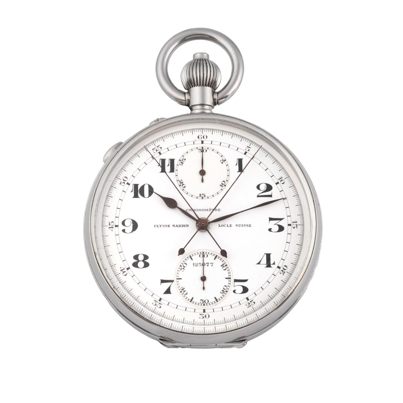 Front view of the Ulysse Nardin pocket watch showing the enamel dial, Breguet hands, and chronograph sub-dials.