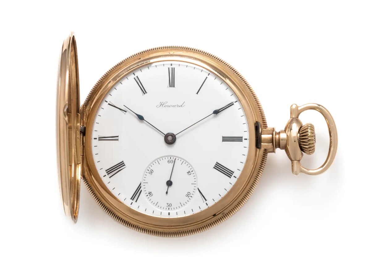 Dial view of the Howard 14K yellow gold hunter case pocket watch