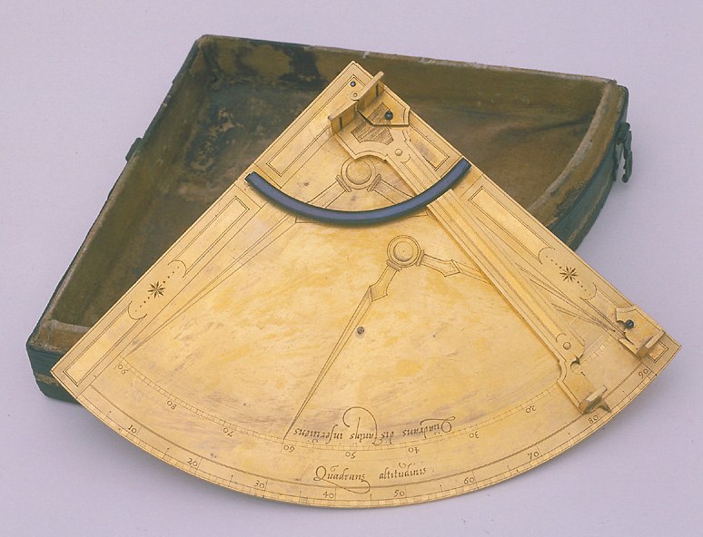 Gilt copper quadrant with pivoted alidade and sighting system.