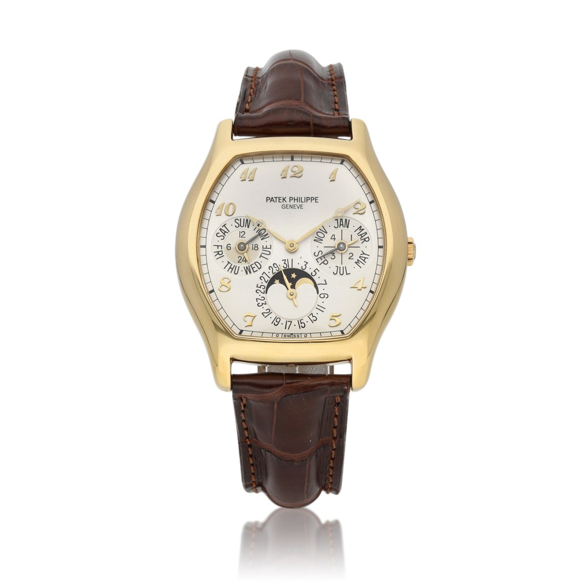 Front view of the Patek Philippe Reference 5040 perpetual calendar wristwatch in 18k yellow gold