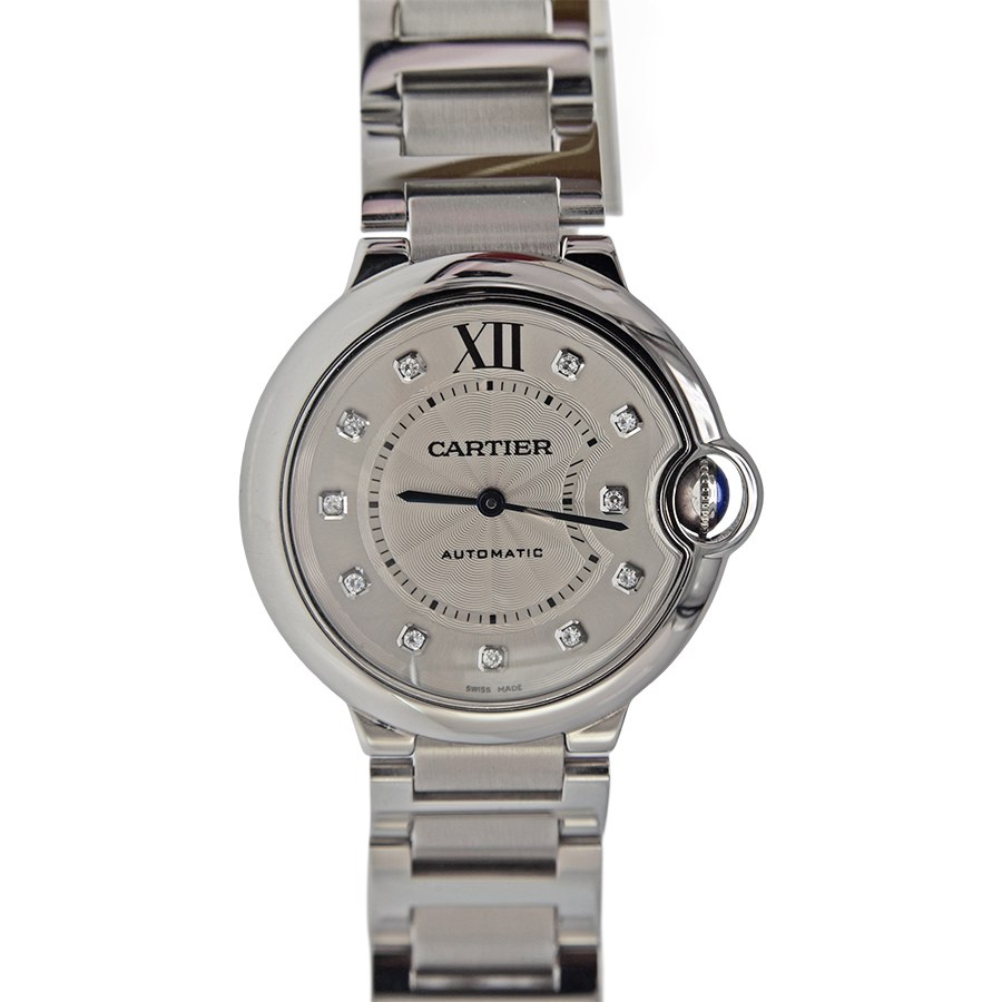 Front view of the 36mm Ballon Bleu de Cartier wristwatch on stainless steel bracelet