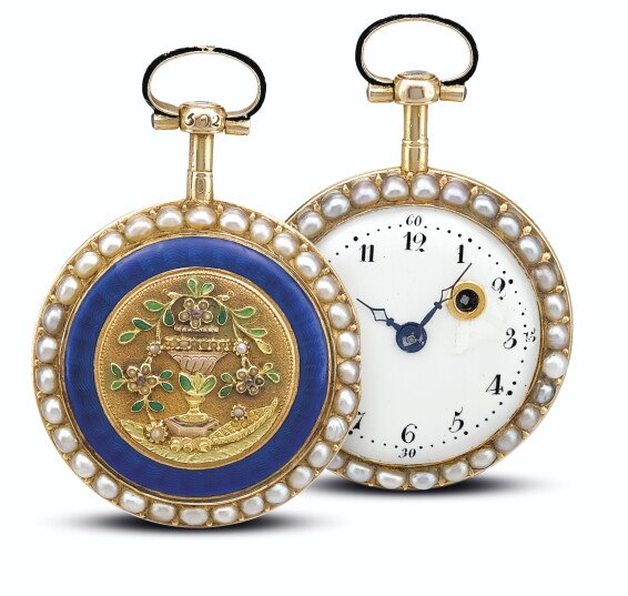 Dial and reverse views of the Vaucher à Paris gold, enamel, and pearl-set watch